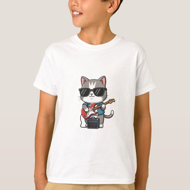 Cool Rocker Cat Electric Guitar Kids T-Shirt (Front)