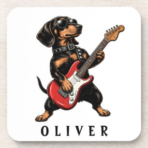 Cool Rocker Dachshund Dog Playing Electric Guitar Coaster