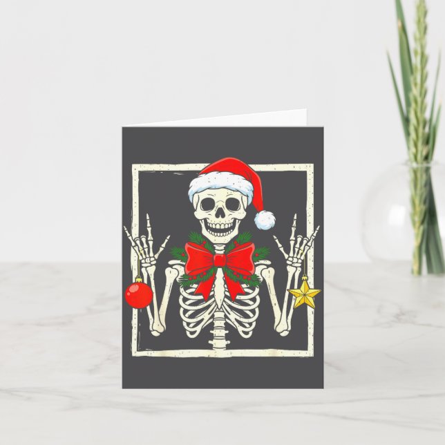 Cool Rocker Skeleton Santa Hat Christmas Punk Rock Card (Front)