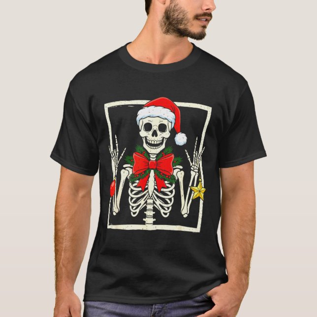 Cool Rocker Skeleton Santa Hat Christmas Punk Rock T-Shirt (Front)