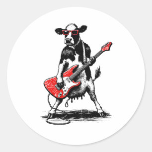 Cool Rockstar Cow Playing Red Electric Guitar Classic Round Sticker