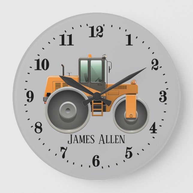 cool roller construction truck add name boys large clock (Front)