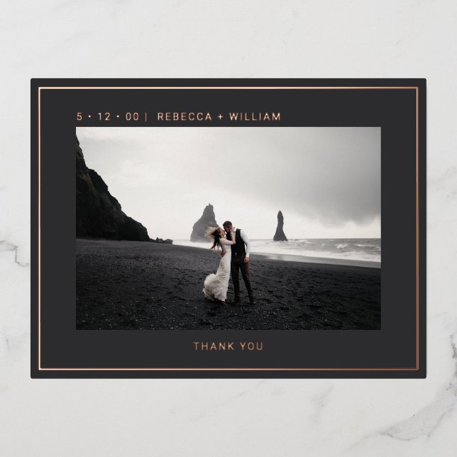 Cool Rose Gold Dark Grey Photo Wedding Thank You Foil Invitation Postcard (Front)