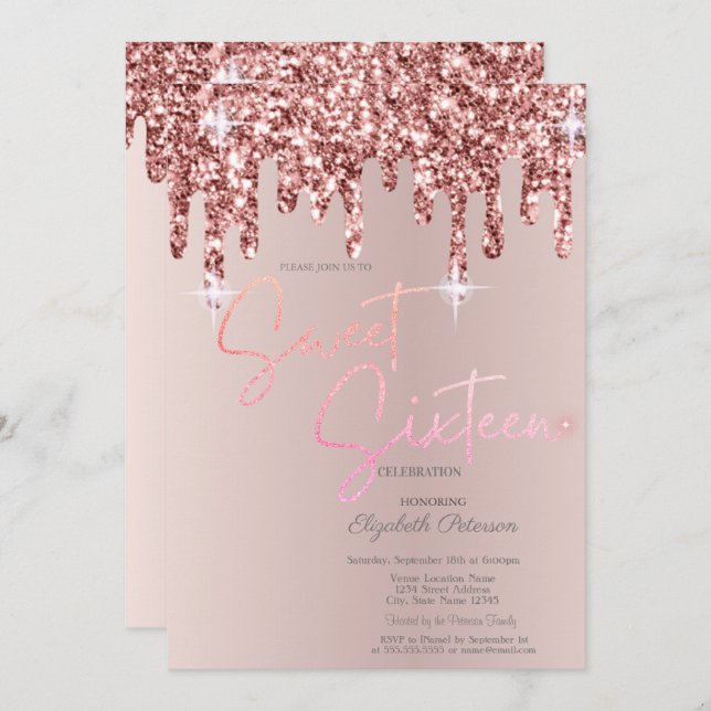 Cool Rose Gold Glitter Drips Blush Pink Sweet 16  Invitation (Front/Back)