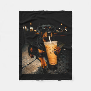 Cool rottweiler drinking iced coffee funny dog art fleece blanket