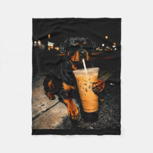 Cool rottweiler drinking iced coffee funny dog art fleece blanket
