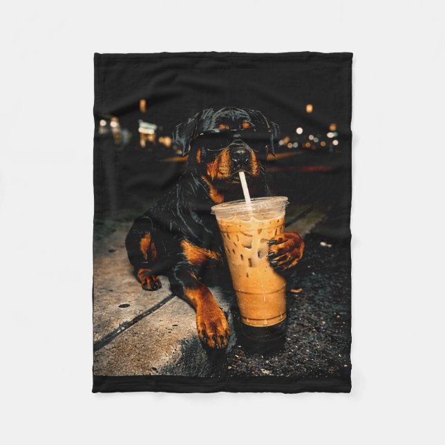 Cool rottweiler drinking iced coffee funny dog art fleece blanket (Front)
