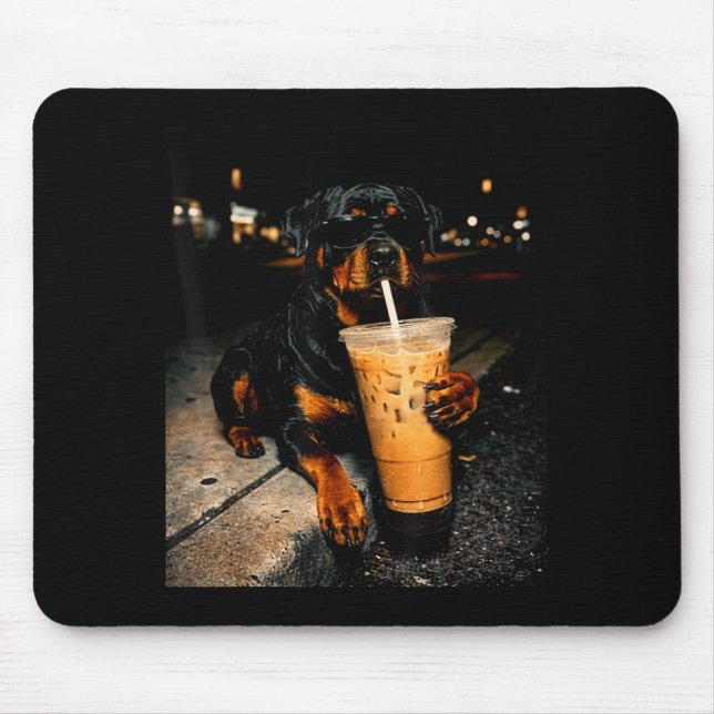 Cool rottweiler drinking iced coffee funny dog art mouse pad (Front)