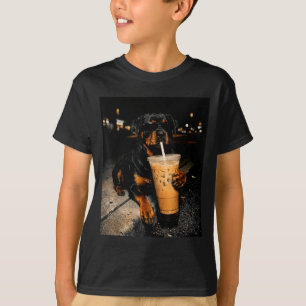 Cool Rottweiler Drinking Iced Coffee Funny Dog Art T-Shirt
