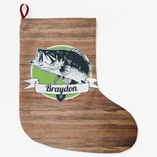 Cool Rustic Bass Fishing Outdoors Name Men's Large Christmas Stocking