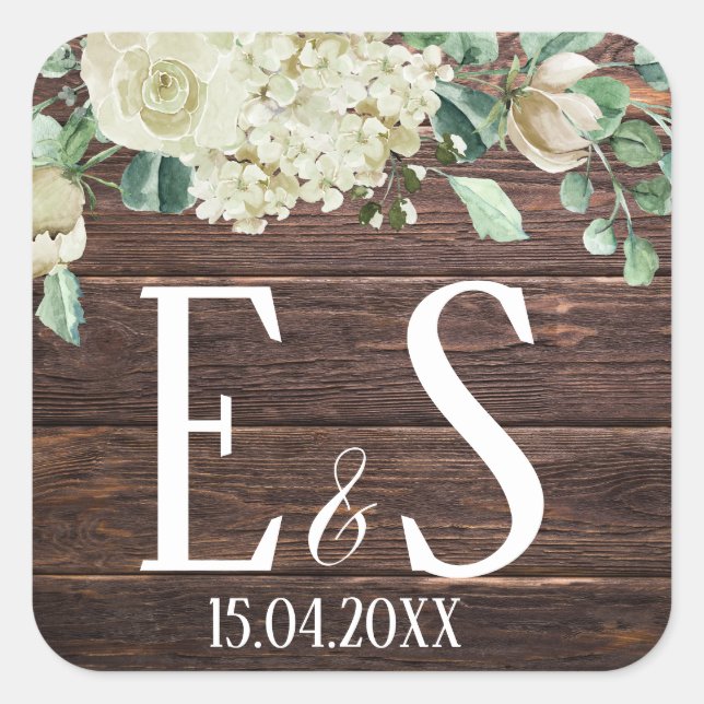 Cool Rustic wood floral monogram wedding date Square Sticker (Front)