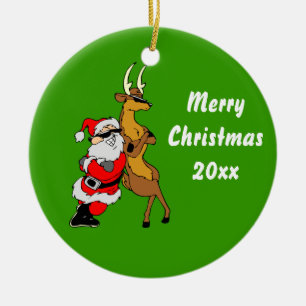 Cool Santa And Reindeer With Sunglasses Ceramic Tree Decoration