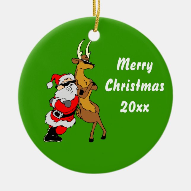 Cool Santa And Reindeer With Sunglasses Ceramic Tree Decoration (Front)