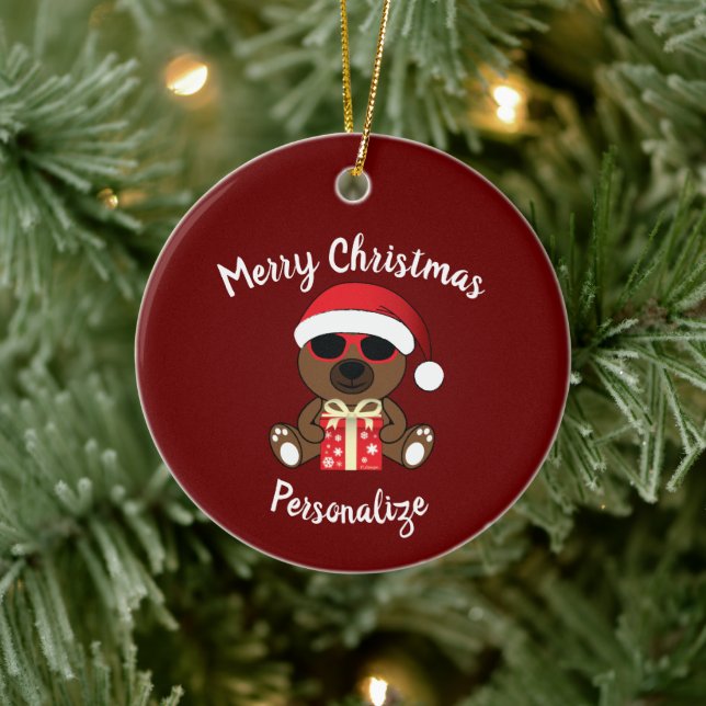 Cool Santa Bear Christmas gift Red Personalise Ceramic Tree Decoration (Tree)