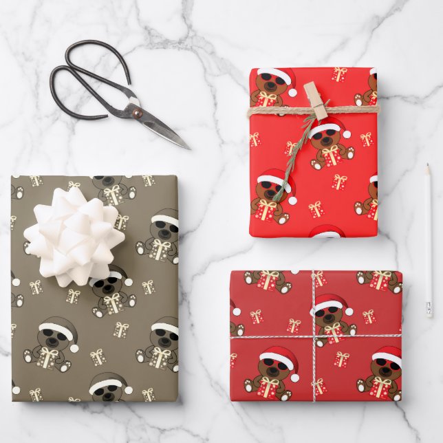 Cool Santa Bear red Christmas pattern gift  Wrapping Paper Sheet (Front)