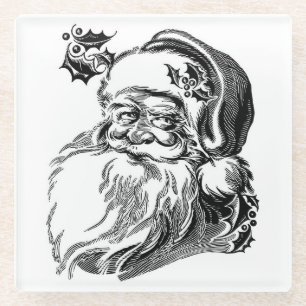 Cool Santa Claus Head Sketch Glass Coaster