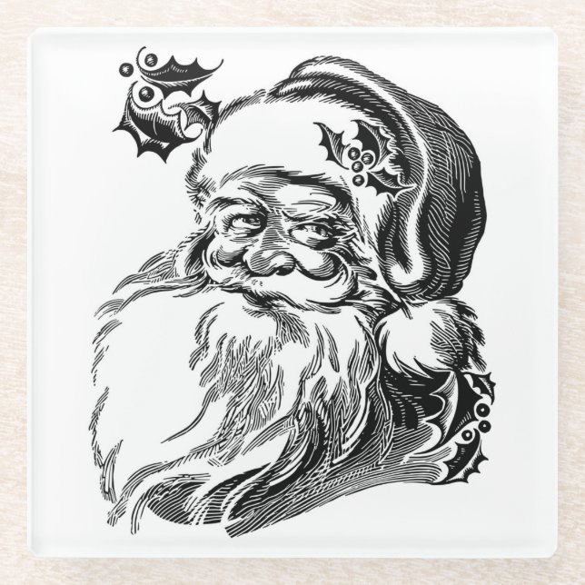 Cool Santa Claus Head Sketch Glass Coaster (Front)