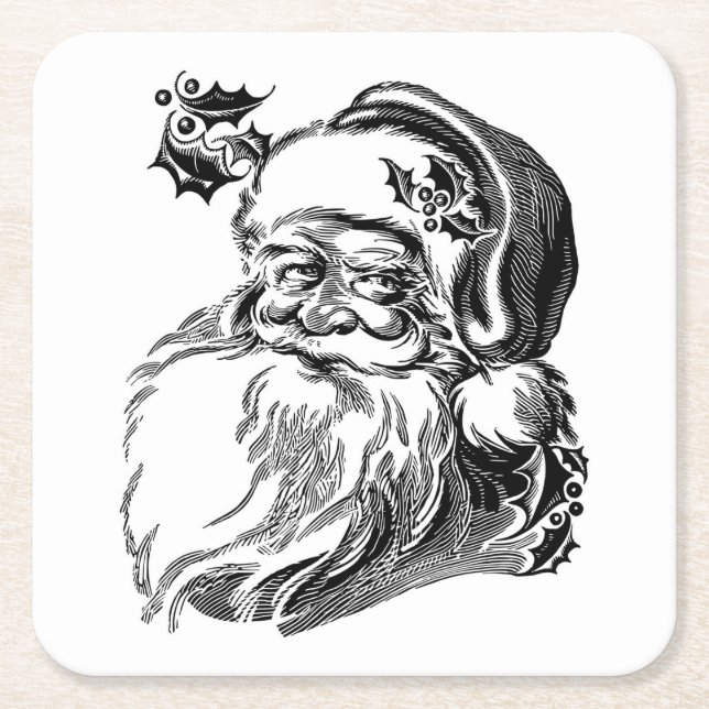 Cool Santa Claus Head Sketch Square Paper Coaster (Front)