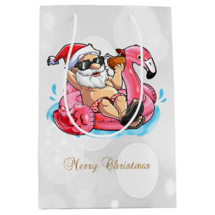 Cool Santa Claus,Pink Flamingos,Beach Bokeh    Medium Gift Bag