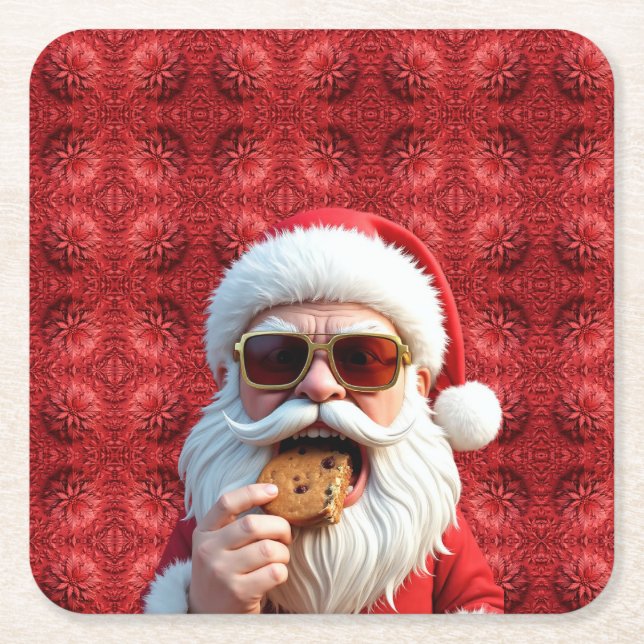 Cool Santa Claus Square Paper Coaster (Front)