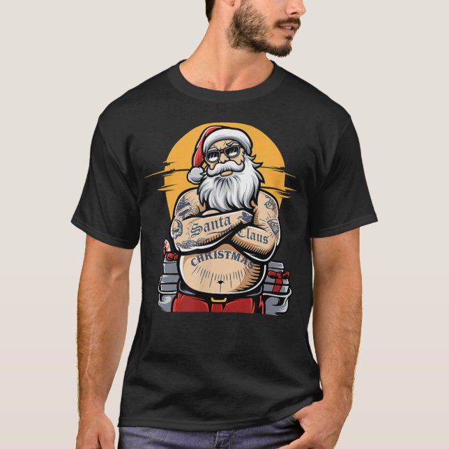 Cool Santa Claus with Tattoos Funny Christmas Sant T-Shirt (Front)