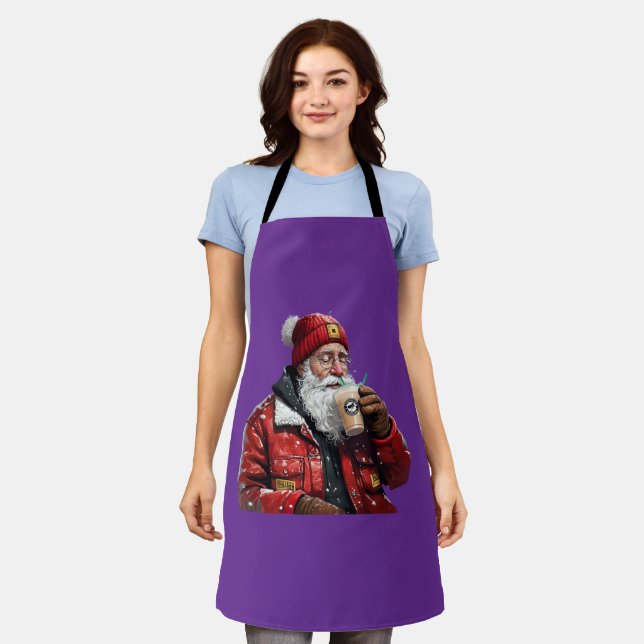 Cool Santa Drinking Iced Coffee Christmas Art Apron (Worn)