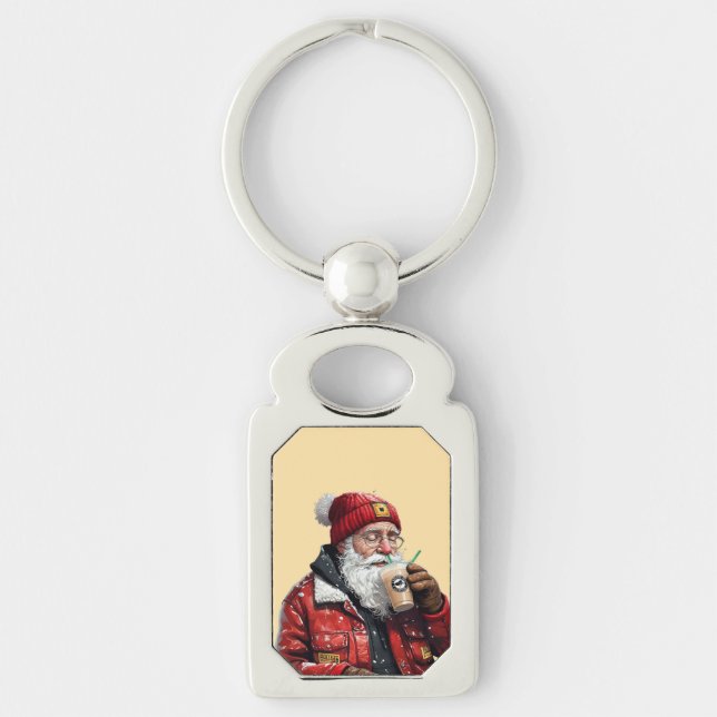 Cool Santa Drinking Iced Coffee Christmas Art Key Ring (Front)