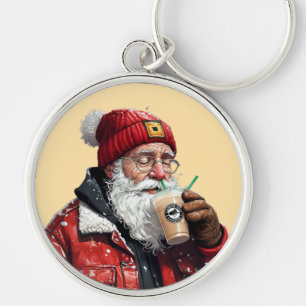 Cool Santa Drinking Iced Coffee Christmas Art Key Ring