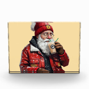 Cool Santa Drinking Iced Coffee Christmas Art Photo Block