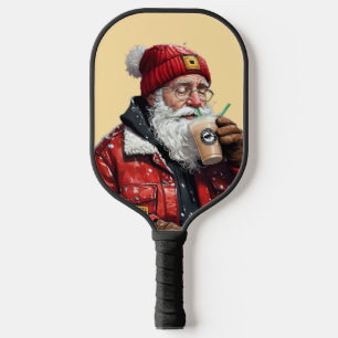 Cool Santa Drinking Iced Coffee Christmas Art Pickleball Paddle