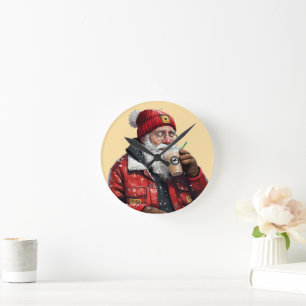 Cool Santa Drinking Iced Coffee Christmas Art Round Clock