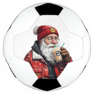 Cool Santa Drinking Iced Coffee Christmas Art Soccer Ball
