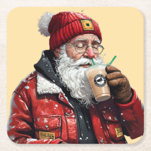 Cool Santa Drinking Iced Coffee Christmas Art Square Paper Coaster