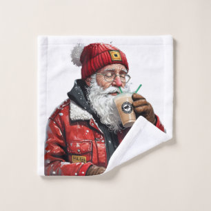 Cool Santa Drinking Iced Coffee Christmas Art Wash Cloth