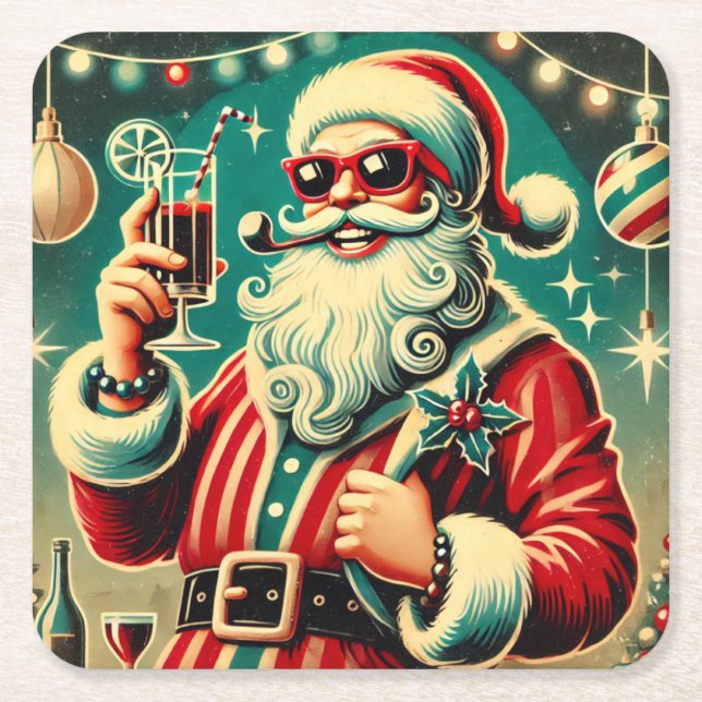 Cool Santa Funny Christmas  Square Paper Coaster (Front)