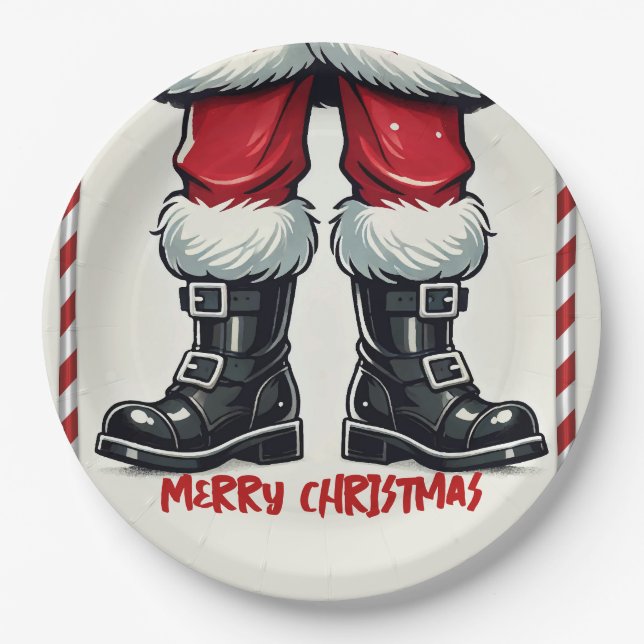 Cool Santa in Black Boots Christmas Holiday Party Paper Plate (Front)