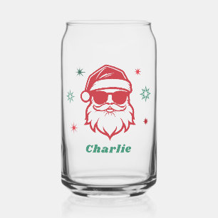 Cool Santa in sunglasses retro stars custom name Can Glass
