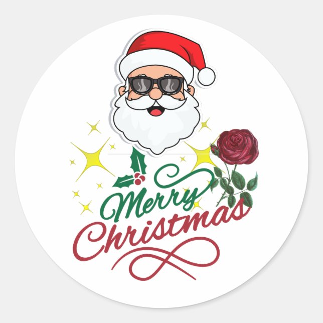 Cool Santa Merry Christmas with Rose & Holly Classic Round Sticker (Front)