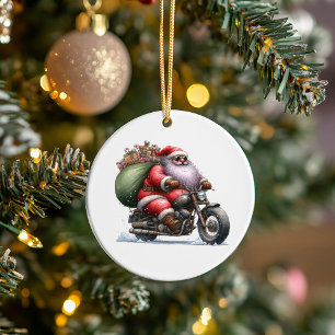 Cool Santa on a Motorcycle Customised Ceramic Tree Decoration