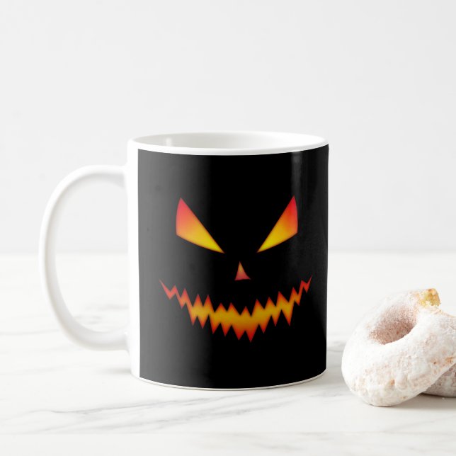 Cool scary Jack O'Lantern face Halloween black Coffee Mug (With Donut)