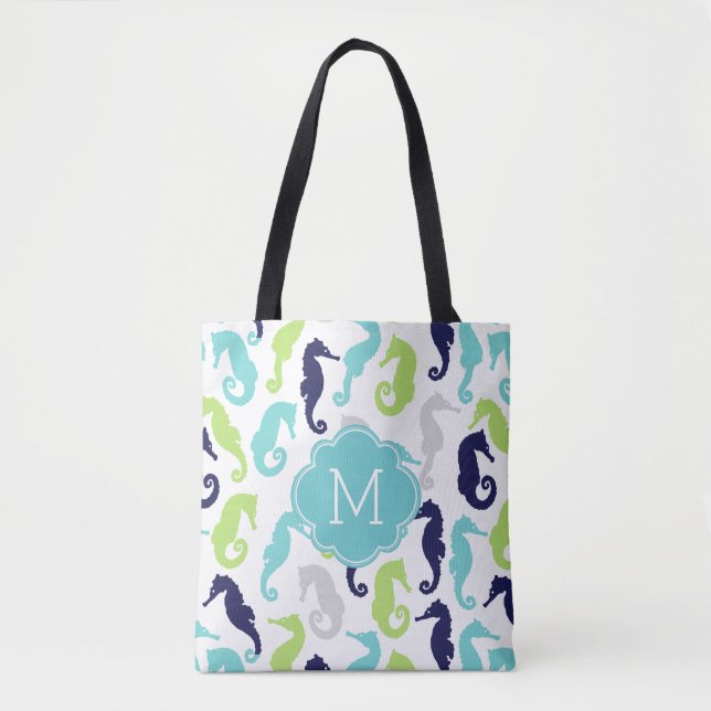 Cool Sea Horse Pattern Monogrammed Tote Bag (Front)