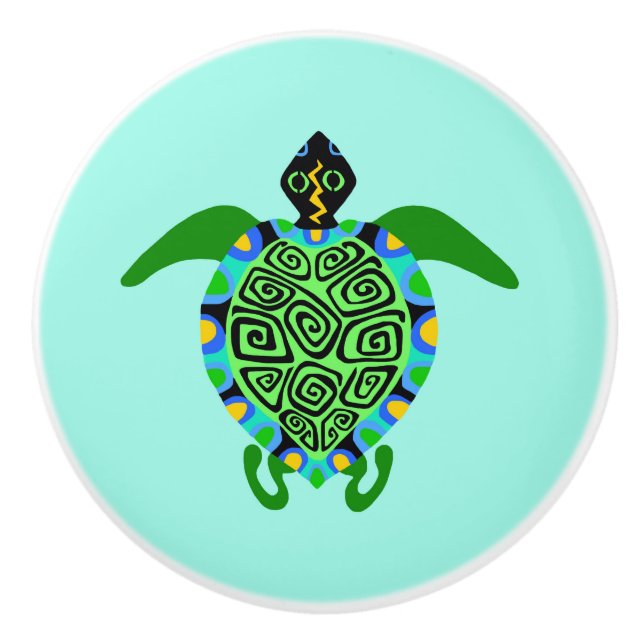 Cool Sea TURTLE - Animal lover - Aqua  Ceramic Knob (Front)
