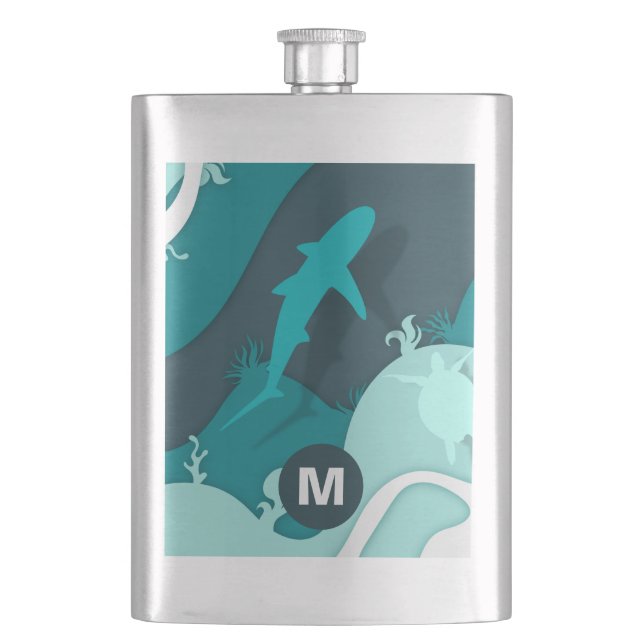 Cool Shark Abstract Art Monogram Hip Flask (Front)