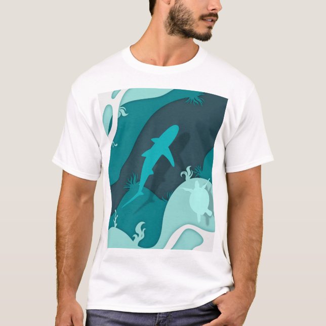 Cool Shark and Turtle Abstract Art T-Shirt (Front)