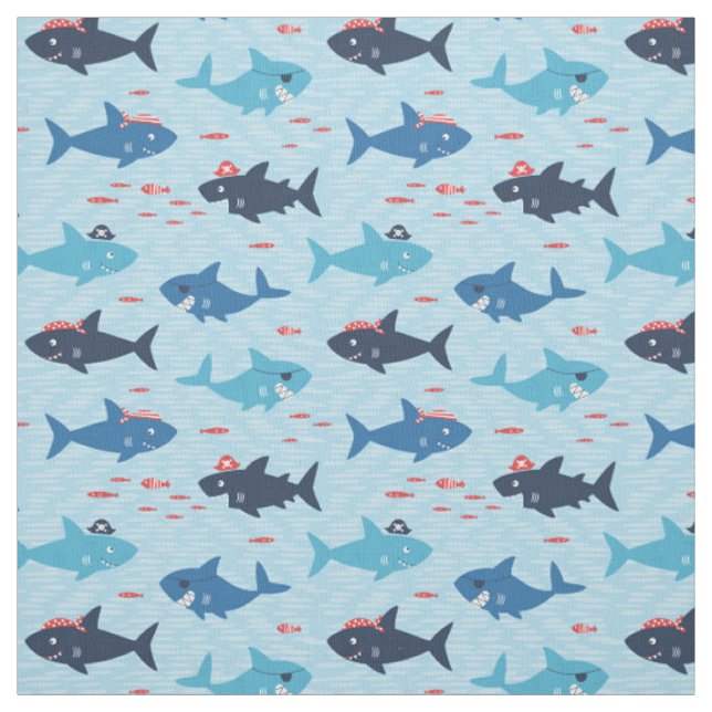 Cool sharks with pirate hats on light blue fabric (Swatch)