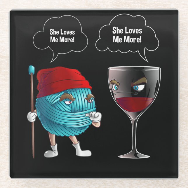 Cool She Loves Me Crochet And Wine Funny Needle Glass Coaster (Front)