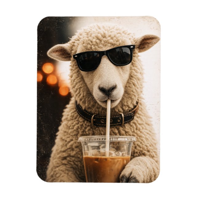 Cool Sheep Drinking Iced Coffee Magnet (Vertical)
