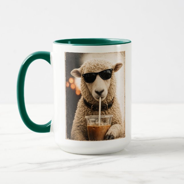 Cool Sheep Drinking Iced Coffee Mug (Left)