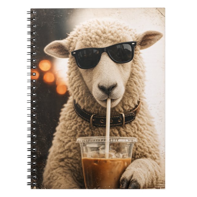 Cool Sheep Drinking Iced Coffee Notebook (Front)