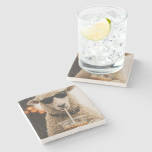 Cool Sheep Drinking Iced Coffee Stone Coaster